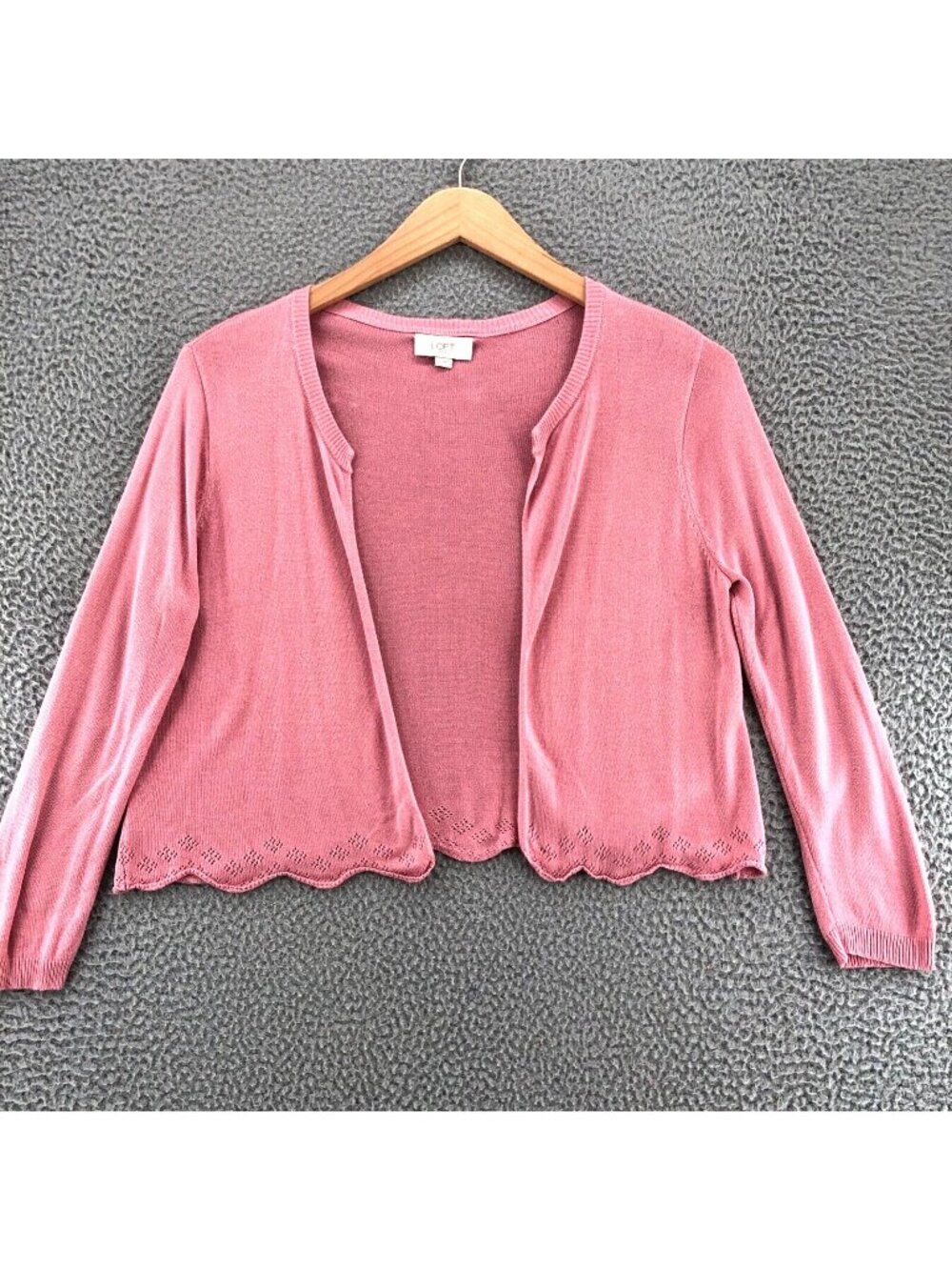 LOFT Sweater Womens Medium Pink Cardigan Topper Long Sleeve Lace Scalloped Hem